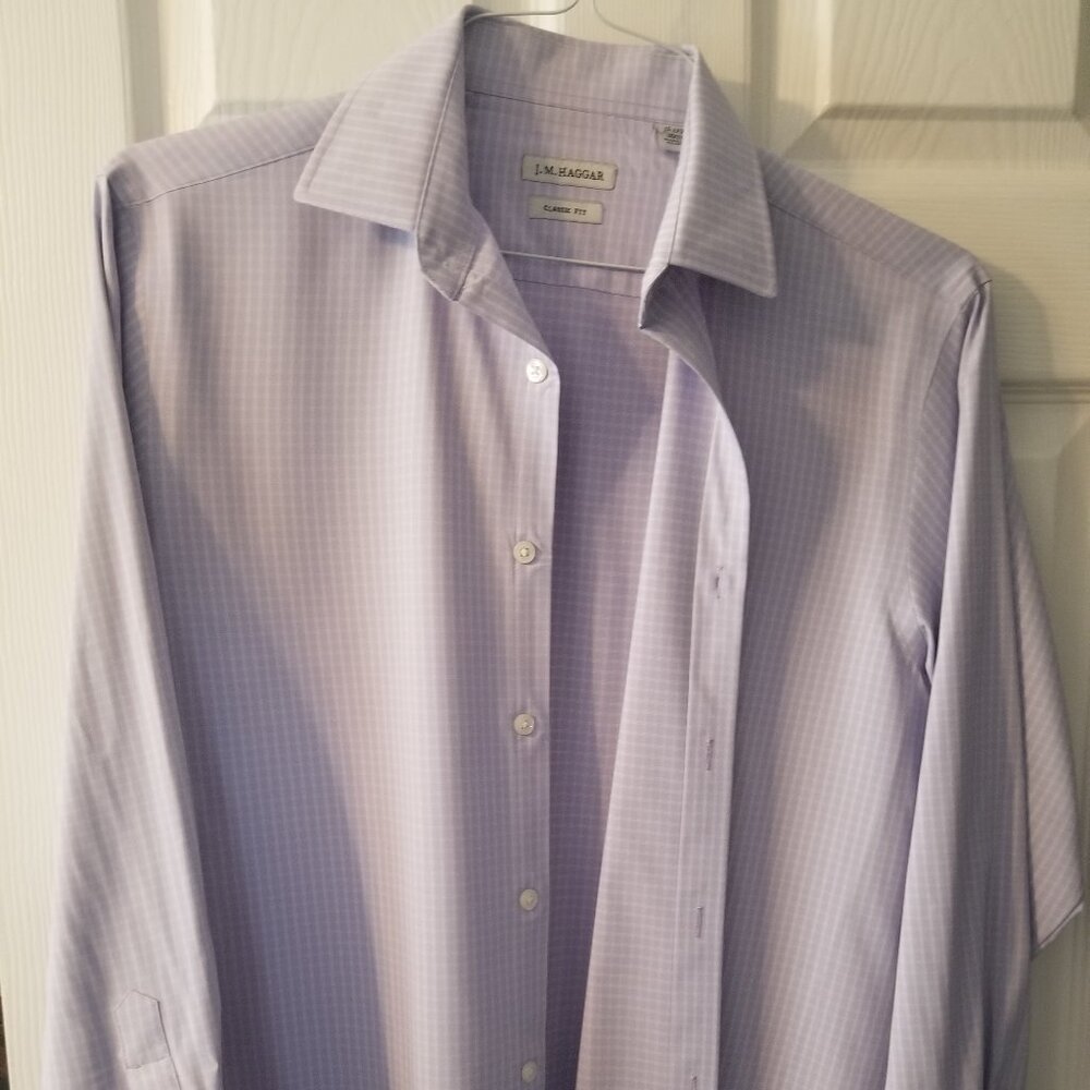 Men's puple and white checkered long-sleeve collared shirt